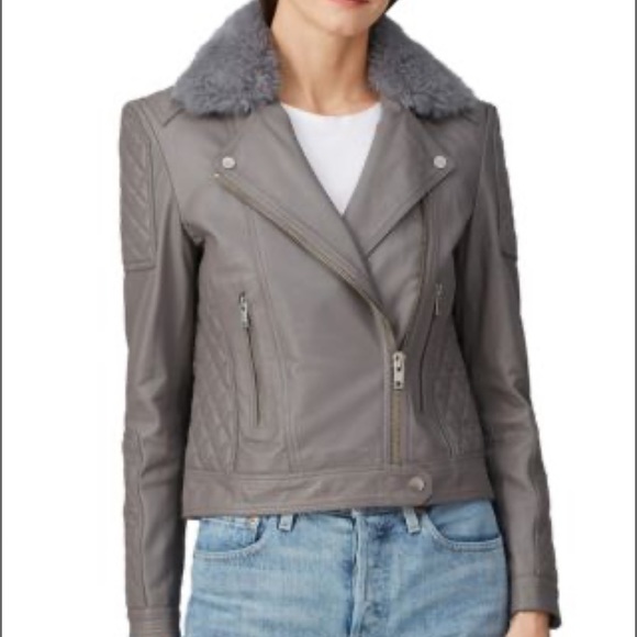 Samantha Sipos Grey Quilted Leather Moto Biker Jacket with Faux Fur size M